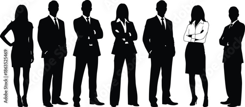 Silhouettes of diverse professional business team standing in formal attire, leadership, teamwork and corporate success concept on white background