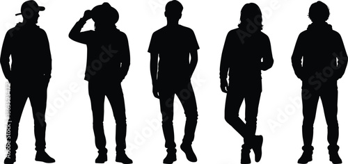 Silhouettes of five men standing in casual clothing, modern street style, youth lifestyle and posture concept on white background