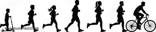 Silhouettes of kids and adults running, jogging and cycling outdoors, family fitness, healthy lifestyle and outdoor activity concept illustration