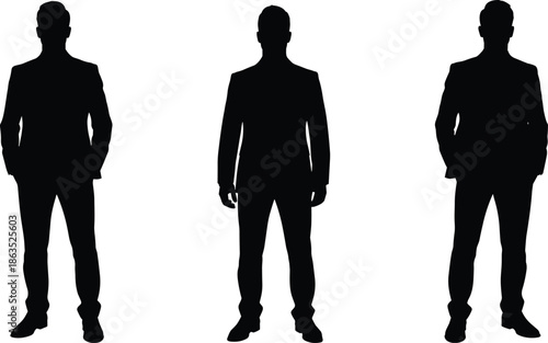 Silhouettes of three businessmen standing in formal suits, confident posture, leadership, professionalism and corporate success concept on white background