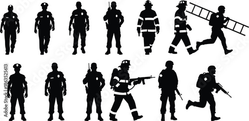 Silhouettes of police officers, firefighters and soldiers in action poses, emergency service and military personnel vector illustration set
