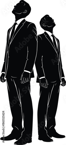 Silhouettes of two businessmen standing back to back in suits, ambition, leadership and corporate success concept on white background