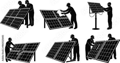 Solar panel installation and maintenance silhouettes showing technicians cleaning wiring and adjusting photovoltaic systems for renewable energy power projects