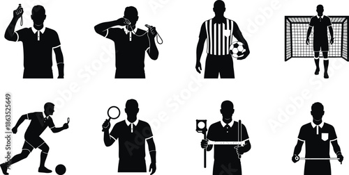 Soccer referee silhouette collection showing match control, whistle signals, officiating tools, goal supervision, and professional football referee actions illustration set