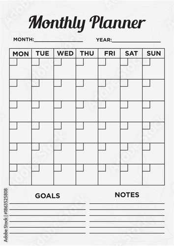 Monthly planner template featuring an organized layout with a goals and notes section, perfect for student scheduling, office management, and digital notebook design.