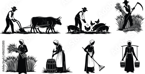 Traditional Farming and Rural Life Silhouettes – Ox Plowing, Harvesting, Feeding, and Domestic Work in Black and White Vector Style