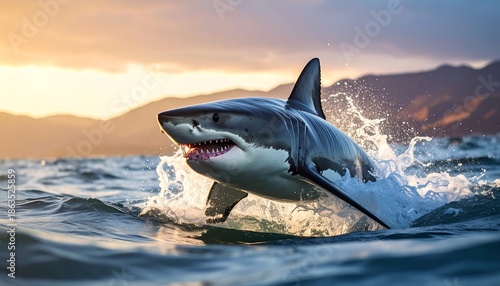 A great white shark leaps from ocean, mouth agape, water splashing, during sunrise. Mountain backdrop against a golden sky