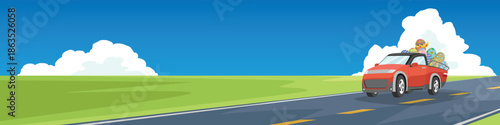 Happy Easter concept. Red pickup truck carrying colorful eggs on asphalt road. Chick waving its angry face on the truck bed. Spring green field landscape background vector illustration.