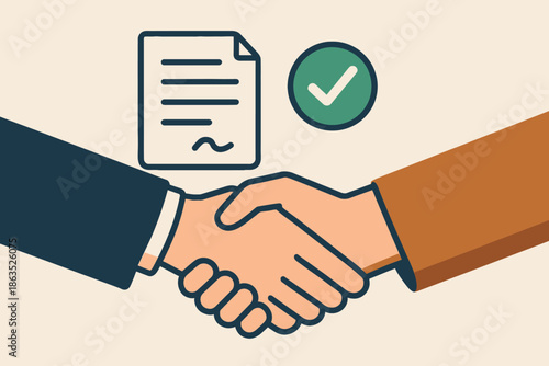 Business Agreement Handshake with Contract and Approval Icon.