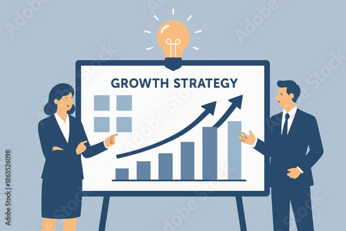 Business professionals presenting a growth strategy with a bar graph.