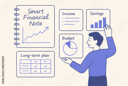 Financial Planning and Budgeting Illustration with Smart Financial Note and Graphs.