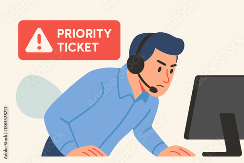 Focused Customer Service Representative Handling a Priority Ticket.