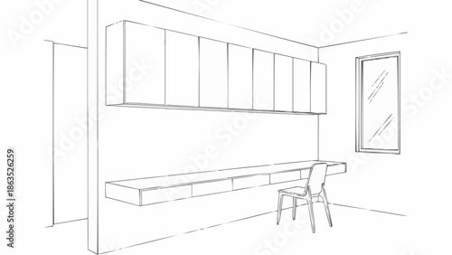 Modern minimalist interior design sketch of a home office.