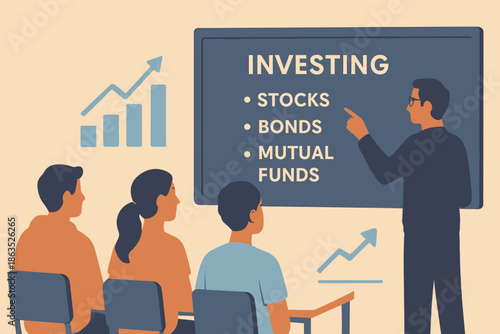 Investing Education A Classroom Scene with Stocks Bonds and Mutual Funds.