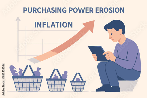 Inflations Impact Man Analyzing Eroding Purchasing Power on Tablet.