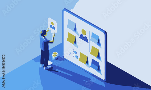Isometric Illustration of Person Planning with Digital Kanban Board.