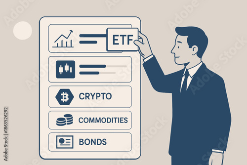 Man Allocating Investments ETF Crypto Commodities Bonds.
