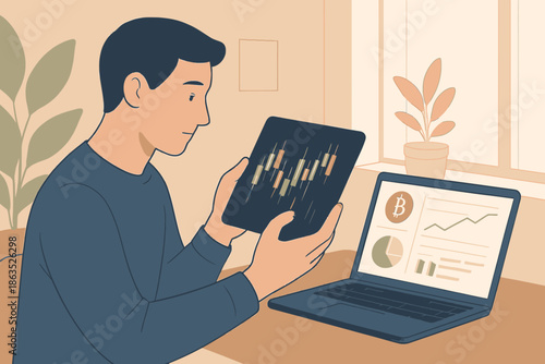 Man Analyzing Cryptocurrency Charts on Tablet and Laptop.