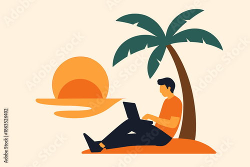 Remote Work on Tropical Island Man with Laptop Under Palm Tree at Sunset.
