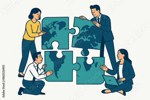 Teamwork assembling world map puzzle for global collaboration and partnership.