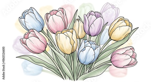 Bouquet of colorful tulips rendered with detailed line art and soft watercolor effects in the background