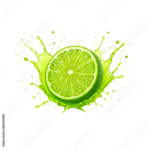 Fresh lime slice with vibrant green juice splash isolated on white background