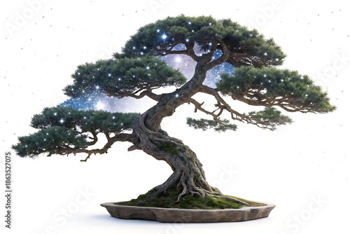 A surreal and majestic bonsai tree with a sparkling night sky within its foliage