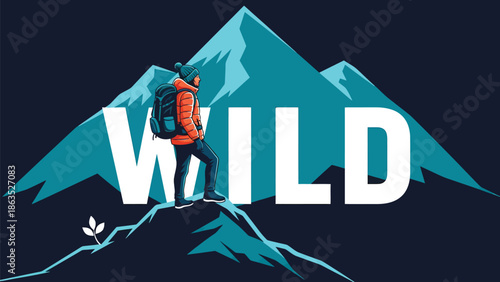 Lone Hiker Standing On Mountain Peak.