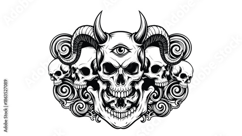 Intricate triple skull design with horns.