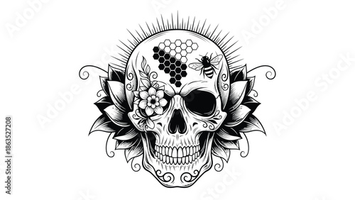 Decorative skull with flowers tattoo design.