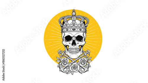 Crowned Skull Emblem On Bright Yellow Background.