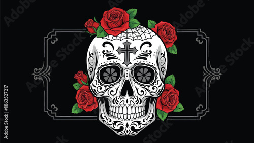 Decorative skull with roses and ornate frame.