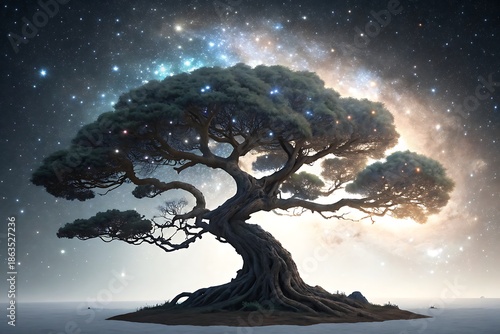 A magnificent tree of life stands beneath a cosmic sky filled with stars and nebulae