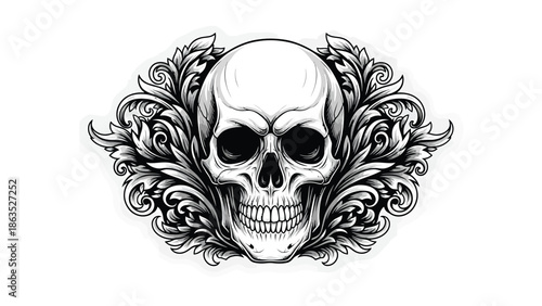 Intricate Skull Portrait with Ornamental Foliage.
