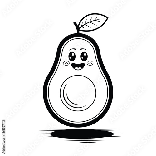 Cute smiling avocado cartoon vector icon black and white kawaii fruit character illustration isolated on white background