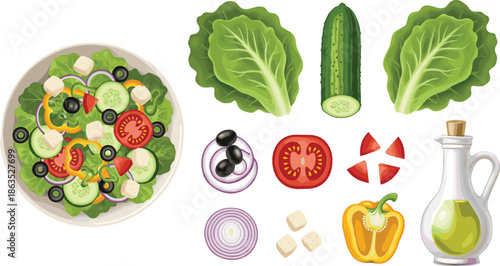 Healthy fresh vegetable salad bowl with lettuce tomato cucumber onion olives feta cheese and olive oil bottle isolated on white background.