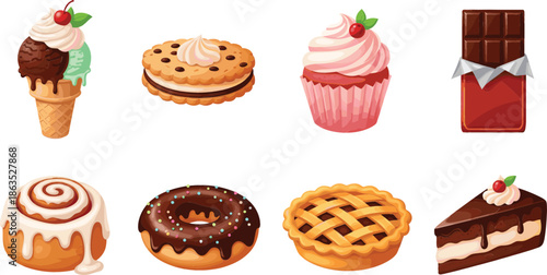 Set of sweet dessert icons featuring ice cream cone cupcake chocolate bar donut cinnamon roll cherry pie and cake slice on white background.