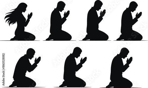 Silhouette people praying flat vector, meditation pose, spiritual unity, black graphic figures, devotion concept, kneeling worship, minimal religious art