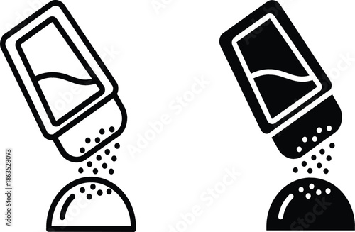 Set of salt and pepper shaker icons in flat and line art styles with spice seasoning pouring isolated on white background.