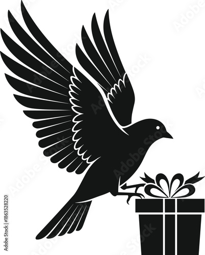 Bird flying with gift box flat vector, black silhouette illustration, ribbon present, wings spread, delivery concept, celebration, surprise, graphic art