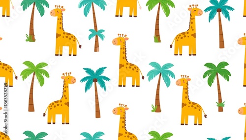 Whimsical repeated pattern featuring tall giraffes with spots and vibrant palm trees, creating a playful tropical design