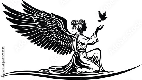Kneeling angel releasing bird flat vector, black and white illustration, spiritual freedom, peace concept, wings, robe, divine silhouette art