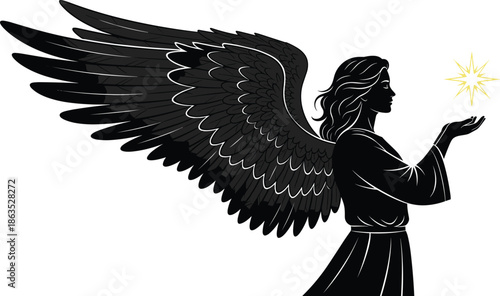 Angel silhouette holding glowing star flat vector, black wings, divine light, spiritual hope, robe figure, celestial concept, religious art
