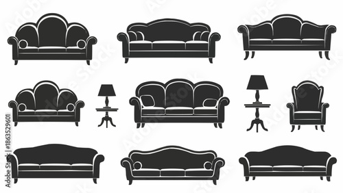 Collection of elegant sofa silhouettes in various styles.