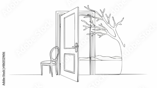 Open Door Revealing Tree and Landscape Drawing.