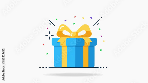 Blue gift box with yellow ribbon and confetti celebration.