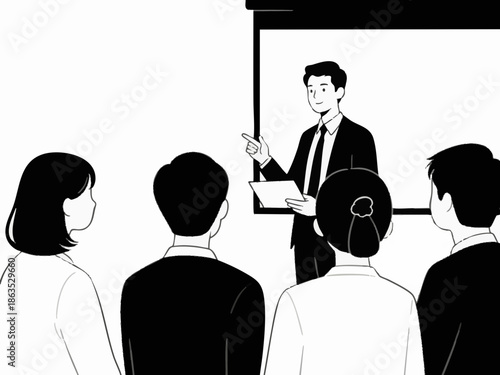 Simple illustration of a businessperson explaining, presenting, or proposing. Vector. Chic. Modern.