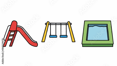 Colorful Playground Equipment Including Slide Swings and Sandbox for Kids.