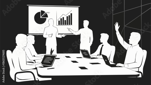 Business meeting with presentation and discussion among colleagues.