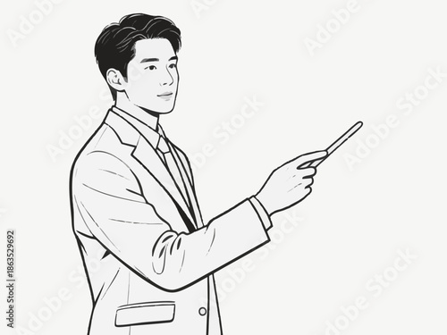 Simple illustration of a businessperson explaining, presenting, or proposing. Vector. Chic. Modern.